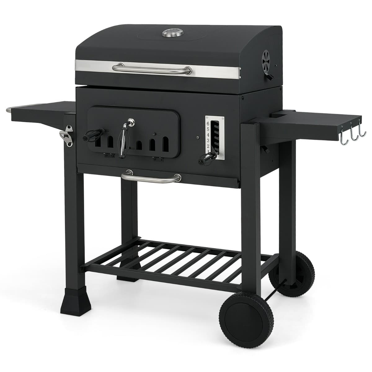 CostwayBarbecue à Charbon avec 2 Tables Latérales Pliantes Barbecue de 60CM avec Surface de Cuisson de 0,35 ㎡ Plateau à Charbon à 6 Positions Noir