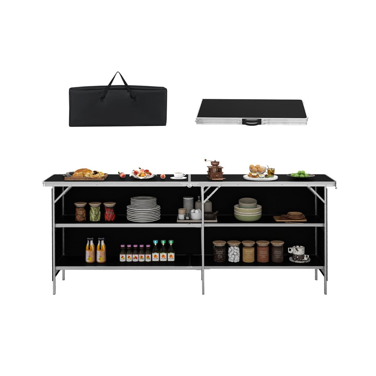 CostwayTable de Camping Pliante à 2 Niveaux Table de Pique-Nique en Aluminium avec Plateau Sac de Transport Charge Total 120KG 206x38x83cm Noir