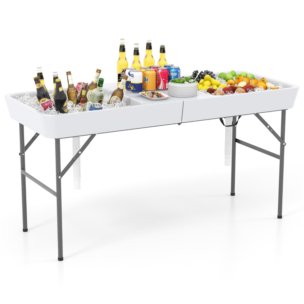 CostwayTable de Refroidissement Pliable de 151cm Table Extérieure avec Double Évier Jupe Assortie et Tuyau de Drainage Blanc