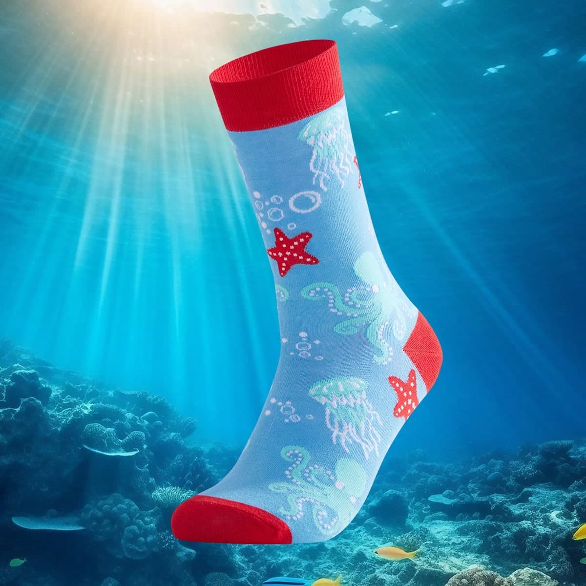 1 paire de chaussettes unisexe mi-mollet imprimées étoile de mer et pieuvre, toutes saisons, tendance et unique, cadeau amusant pour les festivals,